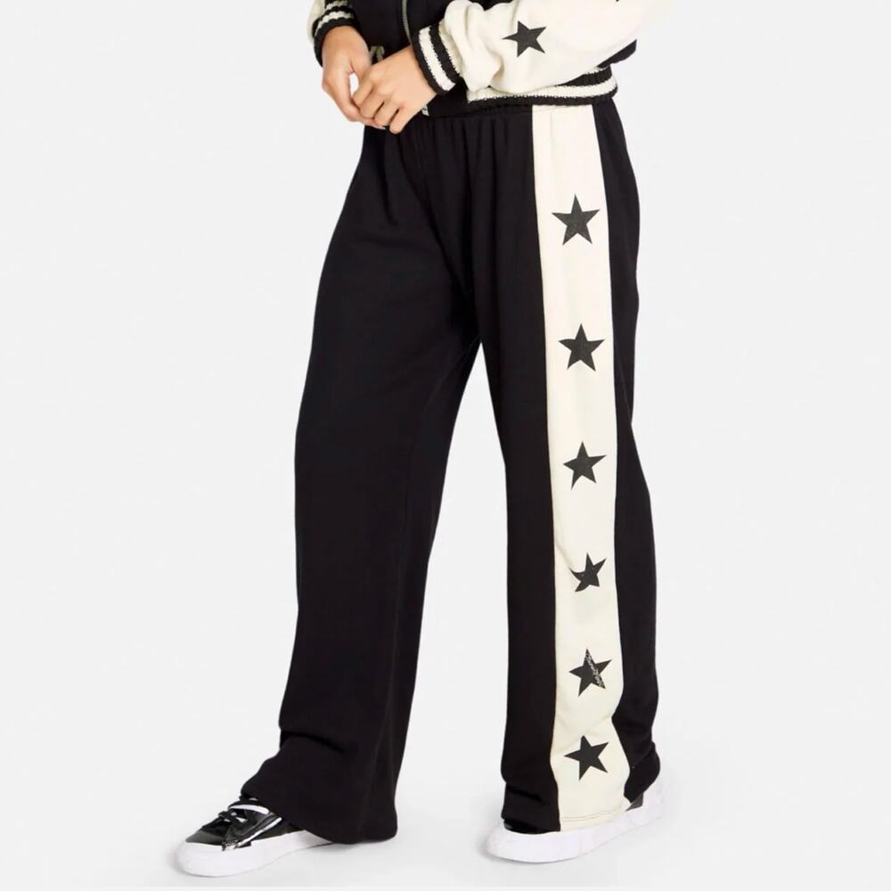 NEW Lauren Moshi S Twany Stars Track Sweat Pants Wide Leg Black Bone NWT